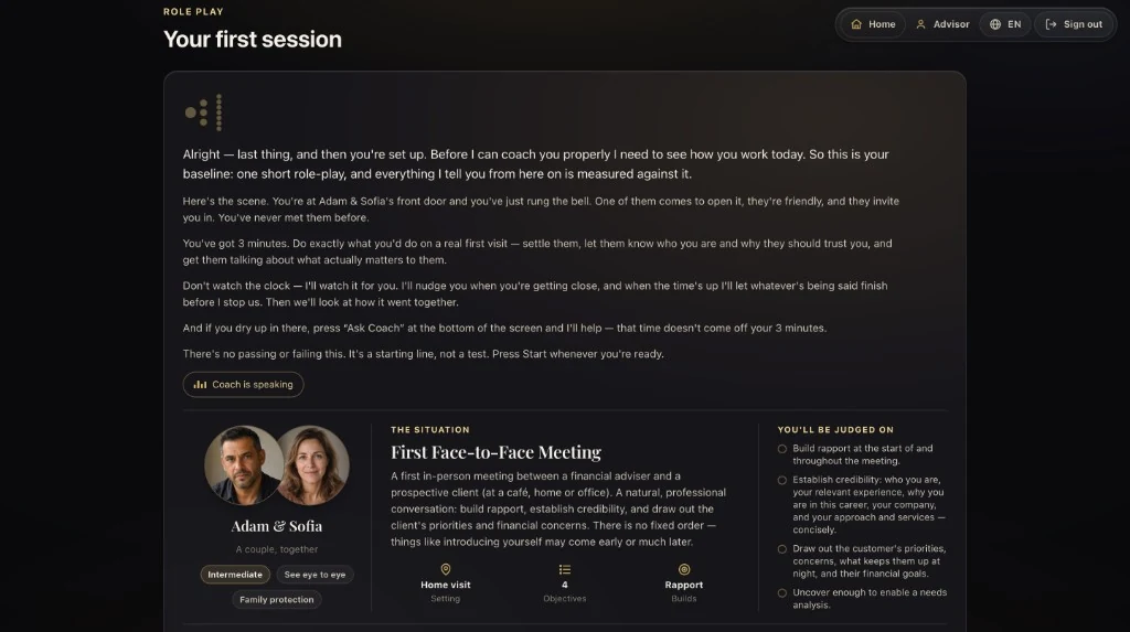 Arena's briefing screen before a practice session, naming the situation the advisor is about to walk into.