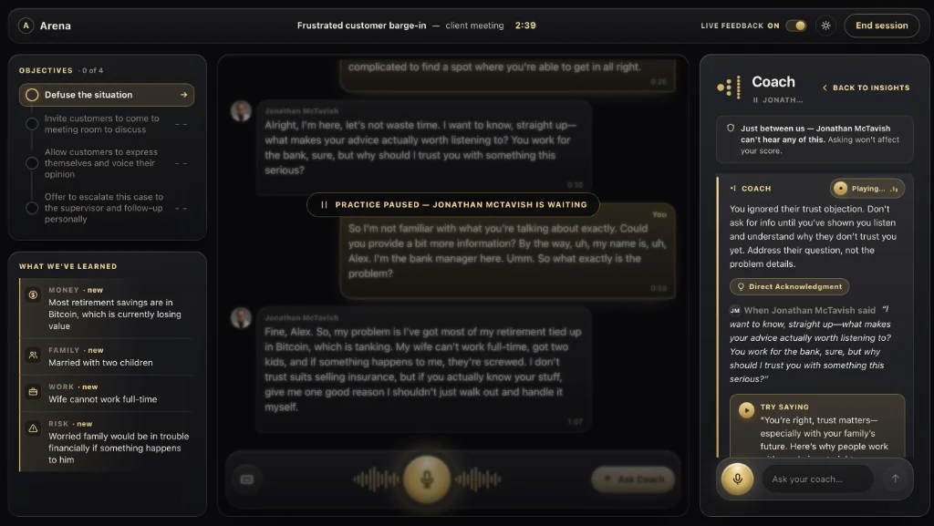 An advisor pausing a role-play in Arena to ask the coach what they should have said.