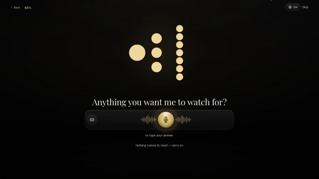 Spoken, not typed. It asks what to watch for.