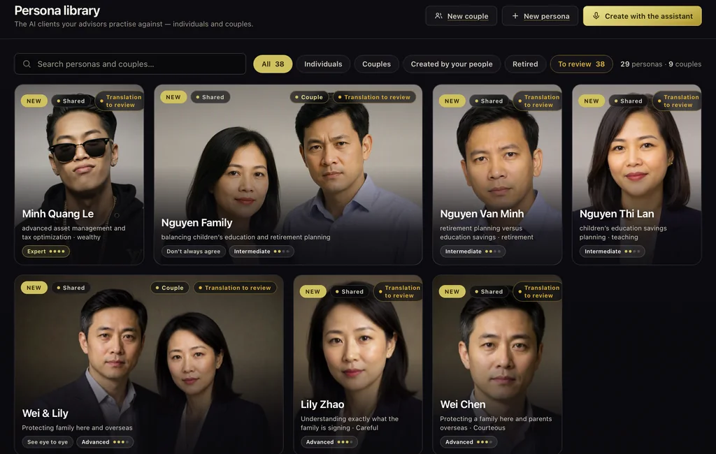 Arena's persona library, holding the customers advisors practice against.