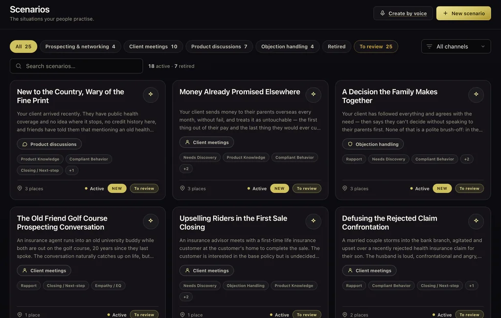 Arena's scenario library, holding situations written by the client's own people.